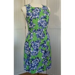 J.Crew Floral Dress 4 Petite Green Blue Sleeveless Sheath Cotton Lined